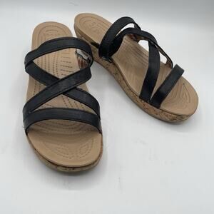 Crocs A-Leigh Cork Wedge Sandals Women's 8 Black Strappy Slip On Slides Comfort